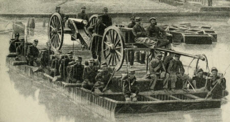 Union artillery and infantry cross the Chattahoochee River in a canvas pontoon boat, 1864