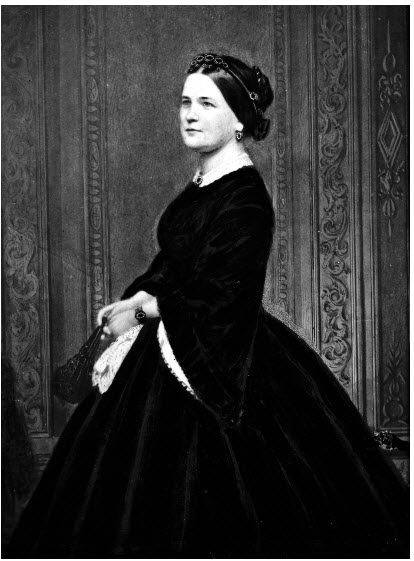 A photo of a young Mary Todd Lincoln. Mrs. Lincoln is holding a purse and is wearing a wrist band type bracelet.