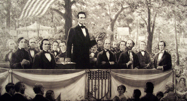 Lincoln at a debate with Stephen Douglas.